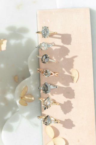 1.33 Carat Canadian Salt and Pepper Hexagon Diamond Engagement Ring, Weslyn Setting, 14k Rose Gold, Point No Point Studio. Eco-friendly, Recycled Metals, Conflict Free.