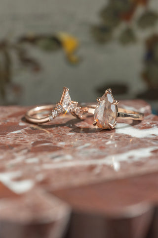 2.40 Carat Orange Salt and Pepper Pear Diamond Engagement Ring, Charlize Setting, 14k Rose Gold, Point No Point Studio. Eco-friendly, Recycled Metals, Conflict Free.