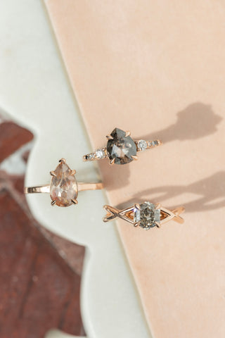 1.33 Carat Canadian Salt and Pepper Hexagon Diamond Engagement Ring, Weslyn Setting, 14k Rose Gold, Point No Point Studio. Eco-friendly, Recycled Metals, Conflict Free.