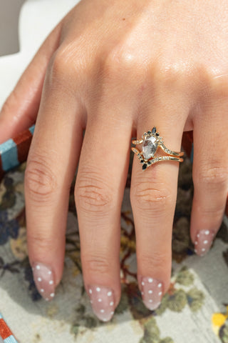 1.20 Carat Salt and Pepper Pear Diamond Engagement Ring, Ombre Flora Setting, 14K Yellow Gold
