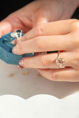 2.49 Carat Orange Salt and Pepper Oval Diamond Engagement Ring, Louise Setting, 14K Yellow Gold