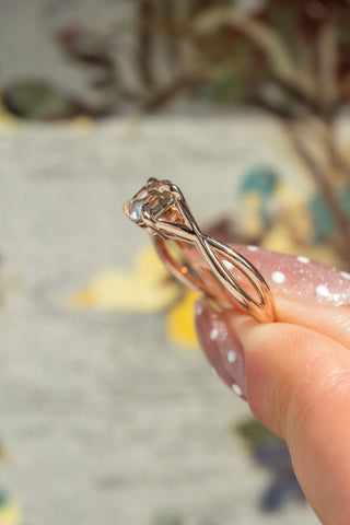 1.33 Carat Canadian Salt and Pepper Hexagon Diamond Engagement Ring, Weslyn Setting, 14k Rose Gold, Point No Point Studio. Eco-friendly, Recycled Metals, Conflict Free.