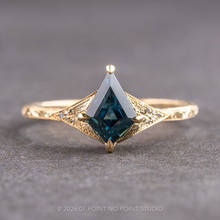 1.11 Carat Teal Kite Sapphire and Diamond Engagement Ring, Engraved Aela Setting