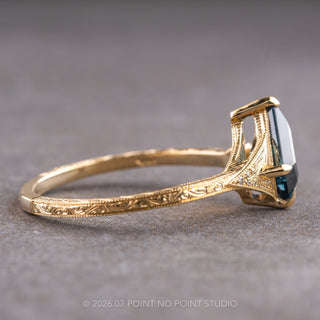 1.11 Carat Teal Kite Sapphire and Diamond Engagement Ring, Engraved Aela Setting