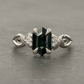 1.43 Carat Teal Hexagon Sapphire and Diamond Engagement Ring, Leaf Quinn Setting