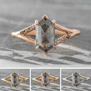1.90 Carat Black Salt and Pepper Hexagon Diamond Engagement Ring, Ombre Sirena Setting