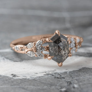 1.67 Carat Black Speckled Hexagon Diamond Engagement Ring, Winnie Setting, 14K Rose Gold