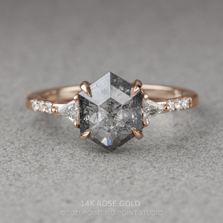 2.75 Carat Salt and Pepper Hexagon Diamond Engagement Ring, Eliza Setting, Point No Point Studio. Available in a variety of metal types. Eco-friendly, Recycled Metals, Conflict Free.