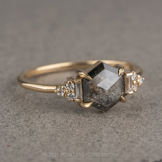 1.23 Carat Salt and Pepper Hexagon Diamond Engagement Ring, Dahlia Setting, 14K Yellow Gold