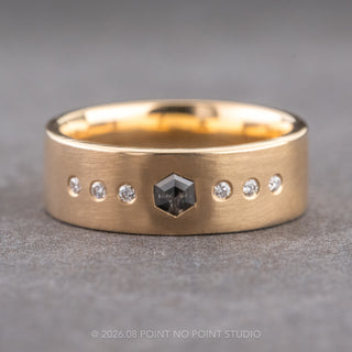 Salt and Pepper Hexagon and 6 White Diamond Mens Wedding Band, Comfort Fit