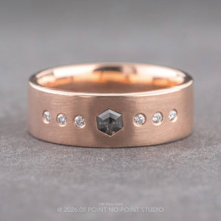 Salt and Pepper Hexagon and 6 White Diamond Mens Wedding Band, Comfort Fit men's wedding band, Point No Point Studio. Eco-friendly, Recycled Metals, Conflict Free.