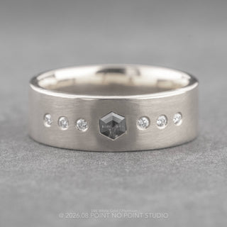 Salt and Pepper Hexagon and 6 White Diamond Mens Wedding Band, Comfort Fit men's wedding band, Point No Point Studio. Eco-friendly, Recycled Metals, Conflict Free.