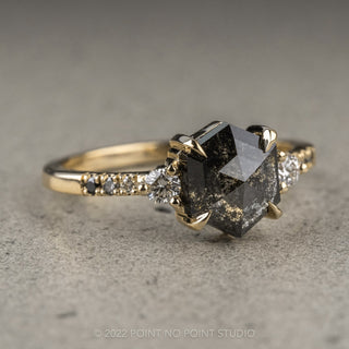1.62 Carat Black Speckled Hexagon Diamond Engagement Ring, Ombre Eliza Setting, 14K Yellow Gold