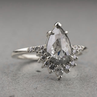1.70 Carat Salt and Pepper Pear Diamond Engagement Ring, Avaline Setting, 14k White Gold