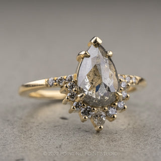 2.12 Carat Salt and Pepper Pear Diamond Engagement Ring, Avaline Setting, 14k Yellow Gold