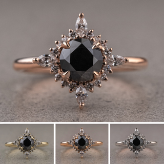 1.16 Carat Black Round Diamond Engagement Ring, Cosette Setting, Point No Point Studio. Available in a variety of metal types. Eco-friendly, Recycled Metals, Conflict Free.