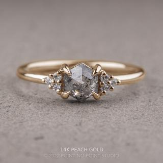 .92 Carat Salt and Pepper Hexagon Engagement Ring, Quinn Setting, Point No Point Studio. Available in a variety of metal types. Eco-friendly, Recycled Metals, Conflict Free.