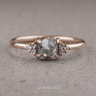 .92 Carat Salt and Pepper Hexagon Engagement Ring, Quinn Setting, Point No Point Studio. Available in a variety of metal types. Eco-friendly, Recycled Metals, Conflict Free.