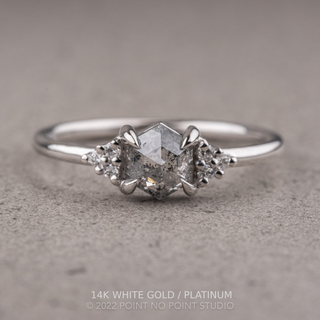 .92 Carat Salt and Pepper Hexagon Engagement Ring, Quinn Setting, Point No Point Studio. Available in a variety of metal types. Eco-friendly, Recycled Metals, Conflict Free.