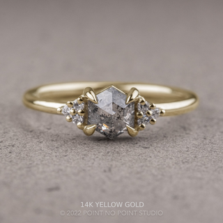 .92 Carat Salt and Pepper Hexagon Engagement Ring, Quinn Setting, Point No Point Studio. Available in a variety of metal types. Eco-friendly, Recycled Metals, Conflict Free.