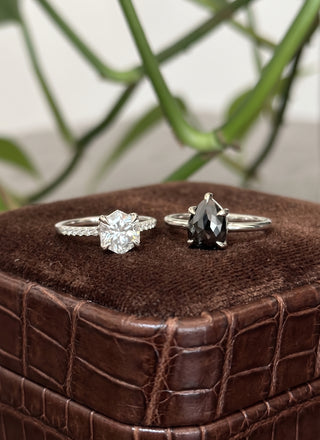 Hexagon Moissanite Engagement Ring, Jules Setting, Point No Point Studio. Available in a variety of metal types. Eco-friendly, Recycled Metals, Conflict Free.