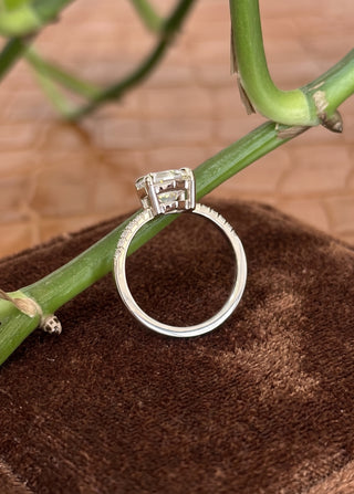 Hexagon Moissanite Engagement Ring, Jules Setting, Point No Point Studio. Available in a variety of metal types. Eco-friendly, Recycled Metals, Conflict Free.