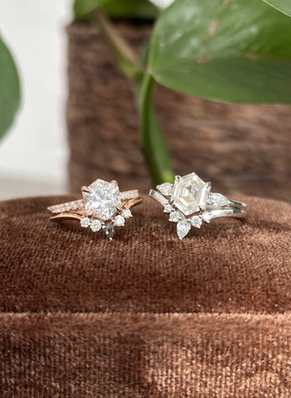 Hexagon Moissanite Engagement Ring, Jules Setting, Point No Point Studio. Available in a variety of metal types. Eco-friendly, Recycled Metals, Conflict Free.