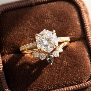 Hexagon Moissanite Engagement Ring, Jules Setting, Point No Point Studio. Available in a variety of metal types. Eco-friendly, Recycled Metals, Conflict Free.