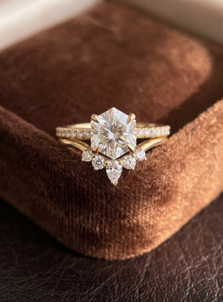 Hexagon Moissanite Engagement Ring, Jules Setting, Point No Point Studio. Available in a variety of metal types. Eco-friendly, Recycled Metals, Conflict Free.