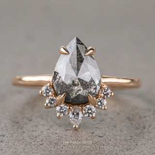 1.84 Carat Salt and Pepper Pear Diamond Engagement Ring, Ava Setting, Point No Point Studio. Available in a variety of metal types. Eco-friendly, Recycled Metals, Conflict Free.