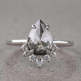 1.84 Carat Salt and Pepper Pear Diamond Engagement Ring, Ava Setting, Point No Point Studio. Available in a variety of metal types. Eco-friendly, Recycled Metals, Conflict Free.