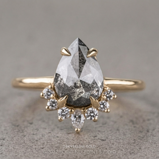 1.84 Carat Salt and Pepper Pear Diamond Engagement Ring, Ava Setting, Point No Point Studio. Available in a variety of metal types. Eco-friendly, Recycled Metals, Conflict Free.