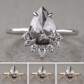 1.84 Carat Salt and Pepper Pear Diamond Engagement Ring, Ava Setting, Point No Point Studio. Available in a variety of metal types. Eco-friendly, Recycled Metals, Conflict Free.