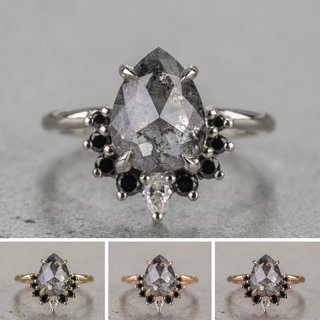 2.61 Carat Salt and Pepper Pear Diamond Engagement Ring, Ava Setting, Point No Point Studio. Available in a variety of metal types. Eco-friendly, Recycled Metals, Conflict Free.