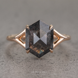 3.83 Carat Black Speckled Hexagon Diamond Engagement Ring, Split Shank Jane Setting