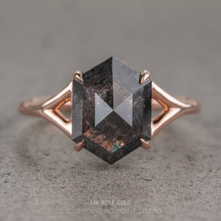 3.83 Carat Black Speckled Hexagon Diamond Engagement Ring, Split Shank Jane Setting