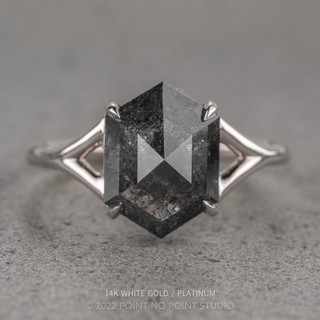 3.83 Carat Black Speckled Hexagon Diamond Engagement Ring, Split Shank Jane Setting