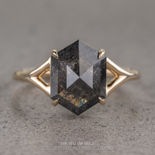 3.83 Carat Black Speckled Hexagon Diamond Engagement Ring, Split Shank Jane Setting