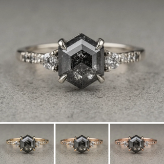 2.59 Carat Black Salt and Pepper Hexagon Diamond Engagement Ring, Ombre Eliza Setting