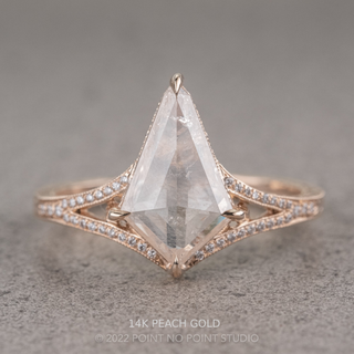2.20 Carat Icy White Kite Diamond Engagement Ring, Engraved River Setting, Point No Point Studio. Available in a variety of metal types. Eco-friendly, Recycled Metals, Conflict Free.