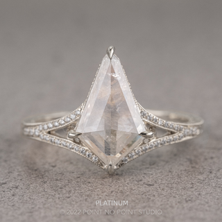2.20 Carat Icy White Kite Diamond Engagement Ring, Engraved River Setting, Point No Point Studio. Available in a variety of metal types. Eco-friendly, Recycled Metals, Conflict Free.