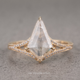 2.20 Carat Icy White Kite Diamond Engagement Ring, Engraved River Setting, Point No Point Studio. Available in a variety of metal types. Eco-friendly, Recycled Metals, Conflict Free.