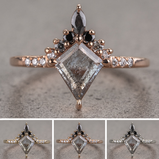 1.09 Carat Salt and Pepper Kite Diamond Engagement Ring, Avaline Setting, Point No Point Studio. Available in a variety of metal types. Eco-friendly, Recycled Metals, Conflict Free.