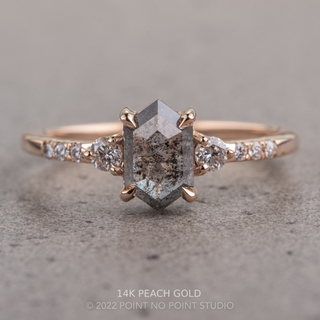 1.11 Carat Salt and Pepper Hexagon Diamond Engagement Ring, Eliza Setting, Point No Point Studio. Available in a variety of metal types. Eco-friendly, Recycled Metals, Conflict Free.