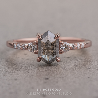 1.11 Carat Salt and Pepper Hexagon Diamond Engagement Ring, Eliza Setting, Point No Point Studio. Available in a variety of metal types. Eco-friendly, Recycled Metals, Conflict Free.