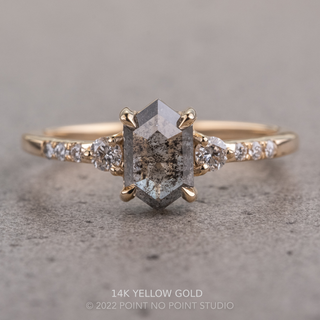 1.11 Carat Salt and Pepper Hexagon Diamond Engagement Ring, Eliza Setting, Point No Point Studio. Available in a variety of metal types. Eco-friendly, Recycled Metals, Conflict Free.