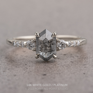 1.11 Carat Salt and Pepper Hexagon Diamond Engagement Ring, Eliza Setting, Point No Point Studio. Available in a variety of metal types. Eco-friendly, Recycled Metals, Conflict Free.