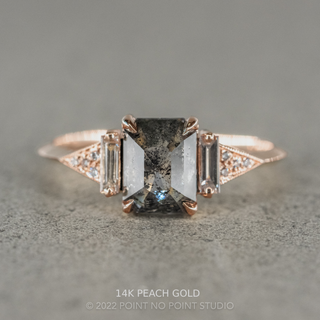 1.49 Carat Salt and Pepper Emerald Diamond Engagement Ring, Azalea Setting, Point No Point Studio. Available in a variety of metal types. Eco-friendly, Recycled Metals, Conflict Free.