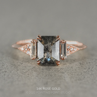 1.49 Carat Salt and Pepper Emerald Diamond Engagement Ring, Azalea Setting, Point No Point Studio. Available in a variety of metal types. Eco-friendly, Recycled Metals, Conflict Free.
