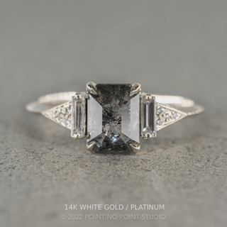 1.49 Carat Salt and Pepper Emerald Diamond Engagement Ring, Azalea Setting, Point No Point Studio. Available in a variety of metal types. Eco-friendly, Recycled Metals, Conflict Free.